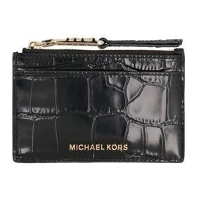 Michael Kors Black Crocodile-Embossed Card Holder Case Gold Accents NWT